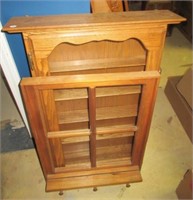 Wood display cabinet with glass front, hat rack,