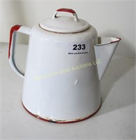 White/red trim graniteware coffee pt