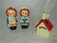 1970 Raggedy Ann Bookends & Peanuts Coin Bank