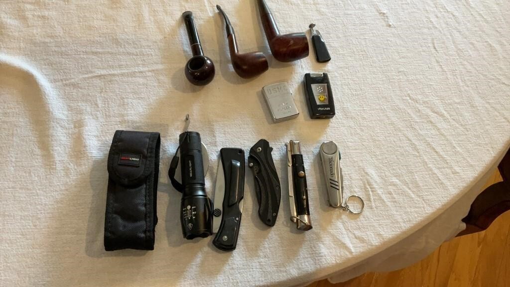 Men’s lot, pipes, lighters, knives, flash light