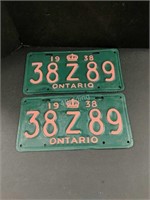 2 Ontario License Plates 1938- Refurbished Pair