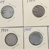 Group Of 4 Indian Head Pennies, 1904 & 1905