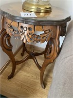 CARVED WOOD INLAY END TABLE W/ GLASS TOP