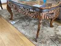 CARVED WOOD INLAY COFFEE TABLE W/ GLASS TOP