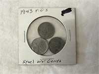 Three U.S. WW2 Era Steel Pennies - 1943 P,D & S