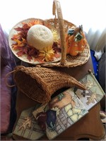 Pair of Fall Straw Hats & Fall Decorations