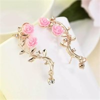 5 GOLD PINK ROSE LEAF FLOWER EAR STUD CUFF