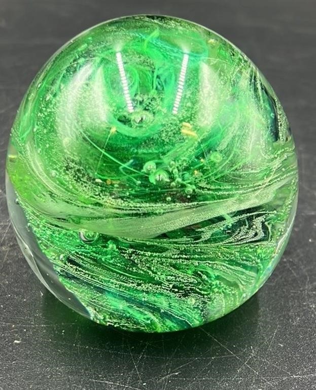 MCM Irish Green Swirl Art Glass Paperweight