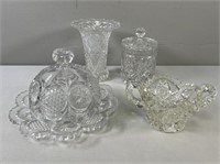 Pressed Glass Butter Dish, Sugar Bowl, Vase, Jar