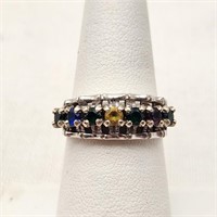 10K White Gold Ring Sapphire + Spinels