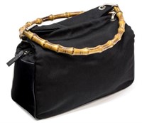 GUCCI BLACK NYLON CANVAS & BAMBOO HANDLE HANDBAG