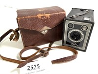 Vintage box, camera with leather carrying case