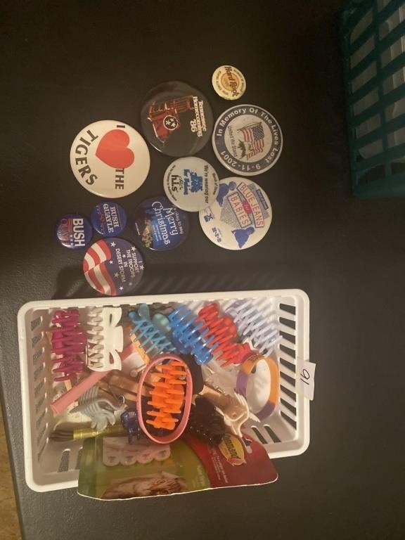 Campaign buttons, buttons, hair clips