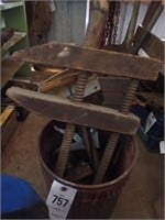Metal Pail w/ Saw Horse Brackets, Wooden Clamp,
