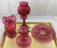 Tray lot of cranberry glass