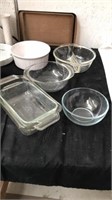 Group of Pyrex  bowls, pans, and more