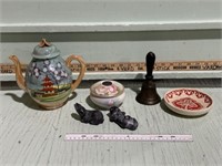 VTG. PORCELAIN TEAPOT, FIGURINES, TEACHERS BELL