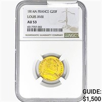 1814A .1867oz. Gold France 20 Francs Louis XVIII