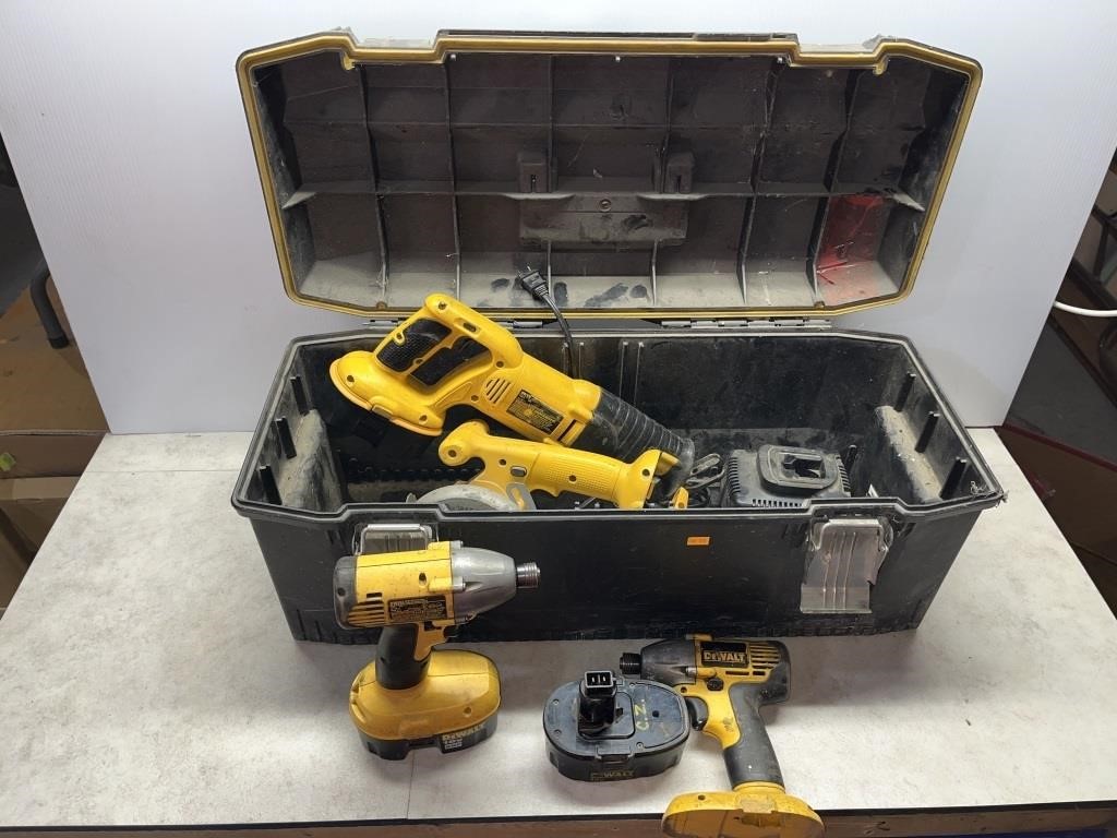 Toolbox with DeWalt XRP 18V tools, charger & 3