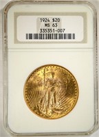 1924 $20 ST GAUDENS GOLD NGC MS 63