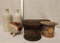 Stoneware Jugs & Pig, Pottery Container,  Wooden