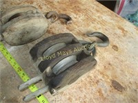 2pc Antique Wood & Cast Iron Pulleys