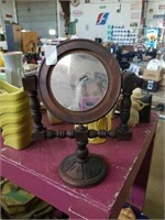 Wood pedestal vanity mirror with awes ok me