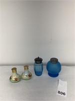 BLUE SATIN GLASS SHAKER AND CONDIMENT HOLDER AND