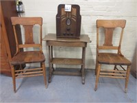 (2) Oak Chairs, Parlor Table w/ Drawer &