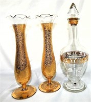 Vtg Bottle/Decanter & Lotus Glass vases