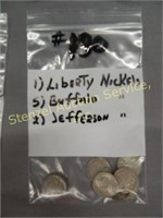 (1) Liberty, (5) Buffalo, (2) Jefferson Nickels