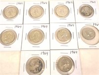 10 - 1964 Washington Silver Quarters