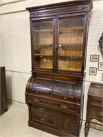 Antique Cylinder Desk w/ Glass Door Bookcase