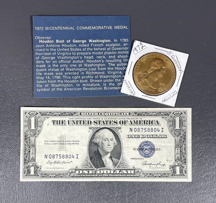 '72 Bronze Medal & 1935E $1 Silver Certificate