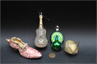 Czech Glass Xmas Ornaments: Guitar, Shoe, Peacock