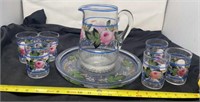 Hand painted pitcher Serving tray juice glasses
