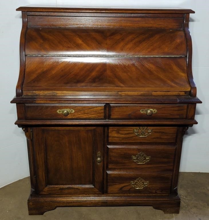 (F) Vtg Solid Roll Top Desk w/ Drawers