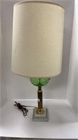 Marble base, green glass lamp w/ shade