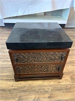 Pair LaCor Stone Top & Rattan End Tables