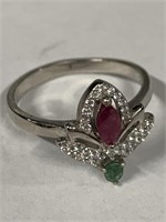 Sterling Silver Ring w/ Ruby & Emerald Sz 7.5