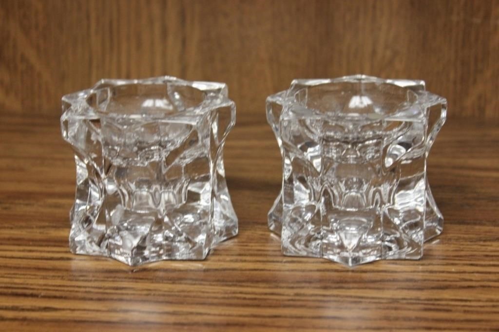 Pair of Glass Candle Holders - Unusual Cut Design