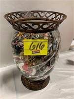 DÉCOR JAR FULL OF COSTUME JEWELRY OF ALL KINDS