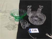 Crystal Bowl w/.Creamer & Sugar, Green Bowl, 2 Cru