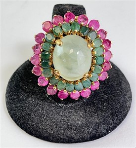 Large Sterling Jade/Ruby/Emerald Statement Ring