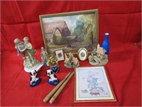 Staffordshire dogs, figures, prints, candles.