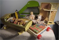 6 Doll Furniture & Toy Pieces- Wooden Cradle with