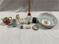 Odds and ends. Bowl, old tea cup, creamer, amber