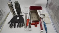 Thermos, gloves, turners, bread pans, grater