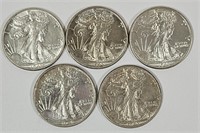 5 AU/MS 1943 Walking Liberty Silver Half Dollars