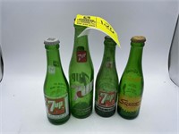 SET OF 4 GREEN GLASS BOTTLES TO INCLUDE 7UP, AND S